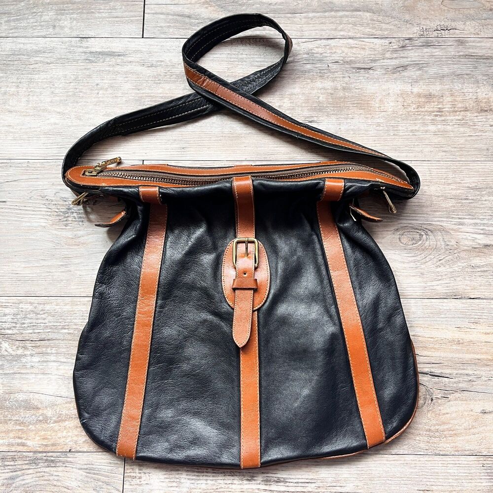 Vintage Meyers Made in USA Leather Crossbody Bag Black Brown Two Tone Purse